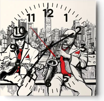 Produktbild von Wanduhr - Quadrat - Glasuhr - Jazz Musik Musiker - 30x30cm - Schleichendes Uhrwerk - Lautlos - zum Aufhängen bereit - Dekoration Modern - Wanddekoration aus Glas - C4AC30x30-3599
