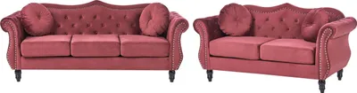 Produktbild von BELIANI 5-Sitzer Sofa Set Dunkelrot Samt Gepolstert Gesteppt mit Kissen Holzbeinen Knopfheftung Retro Chesterfield Stil Freistellbar Sitzgruppe