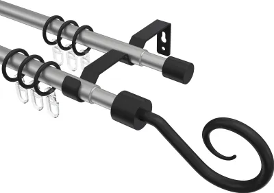 Produktbild von Interdeco Gardinenstange ausziehbar / Teleskop-Vorhangstange Silbergrau / Schwarz, Typ Hera Helix (Spirale), 16/13 mm Ø 2-läufig, 70-120 cm ausziehbar