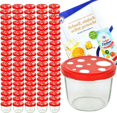 Produktbild von 100er Set Sturzglas 230 ml To 82 Fliegenpilz Deckel rot weiß gepunktet incl. Diamant Rezeptheft