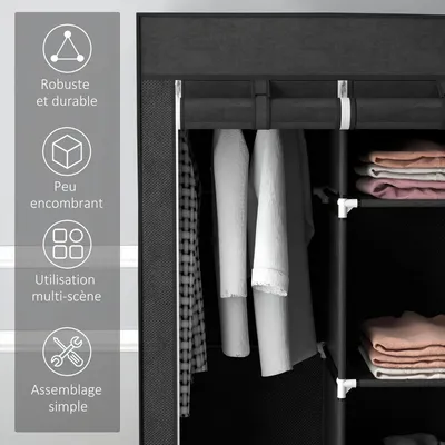 Image de Armoire pliable en tissu – Armoire avec 5 étagères – 2 tringles à vêtements – 3 tiroirs en tissu – Structure en plastique – Dimensions : 125 x 43 x 162,5 cm