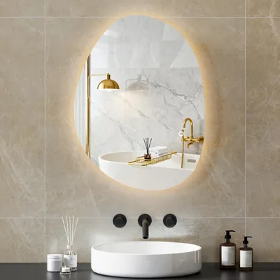 Produktbild von Badspiegel LED asymmetrisch, 3 Farbtemperaturen dimmbar, Anti-Beschlag Touch-Schalter, Hartglas Silber | 70x50 cm | 3,2 kg | IP44