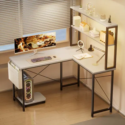 Imagen del producto de Mesa de ordenador en forma de L - Blanca - Con iluminación LED - Fabricada en metal y madera