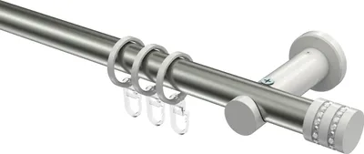 Produktbild von Interdeco Gardinenstange / Vorhangstange Edelstahl-Optik / Weiß, Typ Platon Estana (Glitzerkappe), 20 mm Ø 1-läufig, 120 cm