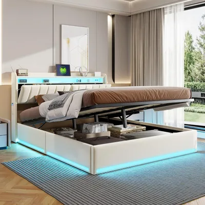 Obrázek produktu pro Rám postele – manželská postel 140 × 200 cm – čelo s LED osvětlením – USB porty – odkládací přihrádka – úložný prostor – kovový rám – šedá