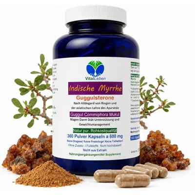 Produktbild von Guggul Indische Myrrhe Ayurveda Guggulsterone 360 Pulver Kapseln, ohne Zusatzstoffe, ohne Füllstoffe.