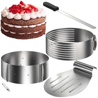 Produktbild von Lindenstein Tortenboden Schneidehilfe Set 4-teilig aus Edelstahl, verstellbarer Tortenring Ø 26/28 cm mit 7 Führungsschienen