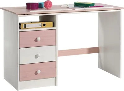 Produktbild von Kinderschreibtisch KEVIN aus Kiefer in weiß/rosa, schöner Schülerschreibtisch mit Neigungsverstellung, praktischer Schreibtisch mit 3 Schubladen und Ablagefach