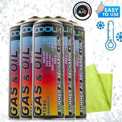 Produktbild von Cool5 5x 2-in-1 Klimaanlagen-Kältemittel-Set, R134a-Ersatz + Mikrofasertuch