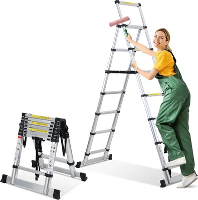 Image de Jopassy Echelle télescopique Echelle pliante Stabil Aluminium Escabeau jusqu'à 150kg 2.0m+2.3m Avec barre de pesée