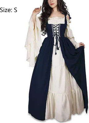 Produktbild von Damen Mittelalterliche Kleid mit Trompetenärmel Mittelalter Party Kostüm Maxikleid, blau, S