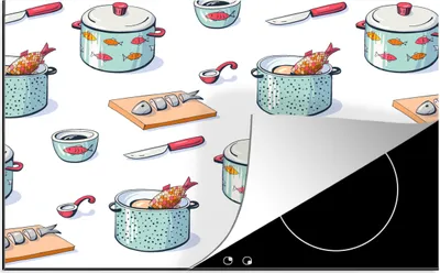 Produktbild von KitchenYeah© Herdabdeckplatte Muster - Kochen - Fisch - Pfanne , 80x52cm, Küche Deko, Glaskeramikkochfeld Herdabdeckung, Abdeckplatte fùr Kochfeld