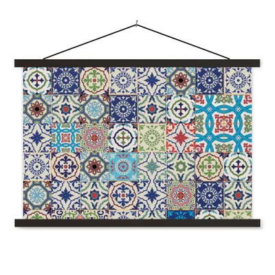 Produktbild von MuchoWow® Textilposter Blumen - Muster - Grün - Blau 150x100 cm mit schwarzem Rahmen - Schlafzimmer