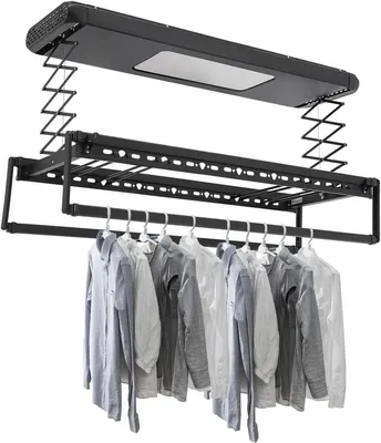 Immagine prodotto di Asciugatrice elettrica da soffitto - Sistema di sollevamento per abiti - Capacità di carico: 35 kg - Altezza regolabile: 110 cm - Telecomando e luce LED - 8+2 aste estensibili - Colore: nero