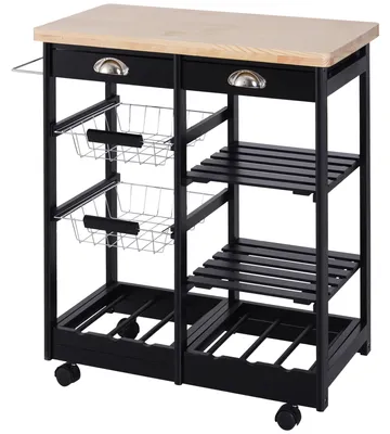 Produktbild von Servierwagen mit Rollen, Gemš¹sewagen, Kš¹chenwagen mit 2 Schubladen, 2 K?rben und 2 Ablagen, 74 x 37 x 76 cm, Schwarz