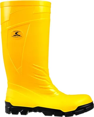 A yellow work boot with a black sole.
