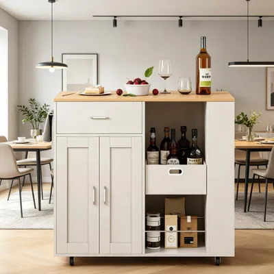 Immagine prodotto di Carrello da cucina con ruote, mobiletto da cucina con cassetti e ripiano aperto, isola da cucina con piano di lavoro e scaffale per vini, sala da pranzo, colore bianco
