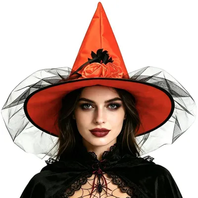 Hexenhut mit Spitze und Schleier, orange, für Halloween