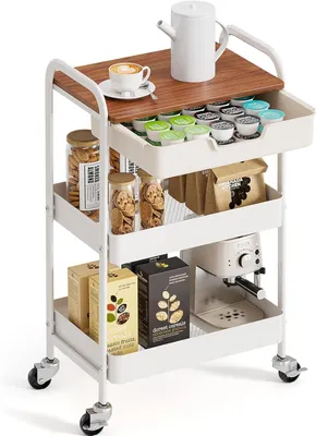 Rollwagen 3 Ebenen mit Schublade und Holzplatte, 47x30x75 cm