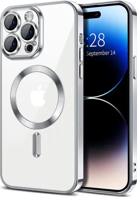 Obrázek produktu pro Magnetické čiré pouzdro pro iPhone 14 Pro Max, kompatibilní s MagSafe, galvanicky pokovené ochranné pouzdro s ochranou fotoaparátu Stříbro