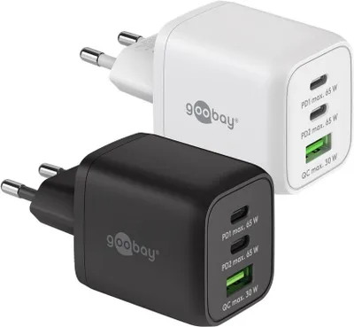 Two Goobay brand USB-C chargers, one white and one black, are shown side-by-side against a white background.