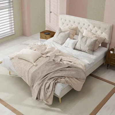 Produktbild von MODFU Modernes Jugendbett 140x200 Bettgestell Bettrahmen mit hohem Kopfteil,Doppelbett Holzbett mit viel Stauraum unter dem Bett,ohne Matratze,Beige