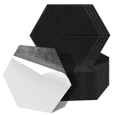 Obrázek produktu pro Akustické panely Vigevee, filcové, samolepicí, 18 kusů, hexagonální tvar, 15 cm, absorbéry zvuku, nástěnné panely, tloušťka 0,9 cm, perforovaný design, barva černá