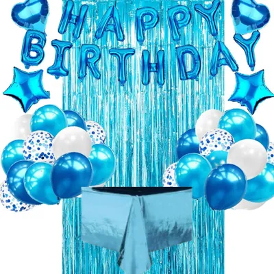 Produktbild von Blau Geburtstagsdeko Set jungen mit Happy Birthday Girlande, Luftballons,Latex Ballons,Glitzer Vorhang,Blau Kindergeburtstags Deko