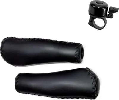 Immagine prodotto di Manopole Knus per manubrio Manopole per bicicletta in Pelle finta Lunghe/Lunghe 135/135 mm in nero incl. 1 x campanello per bicicletta