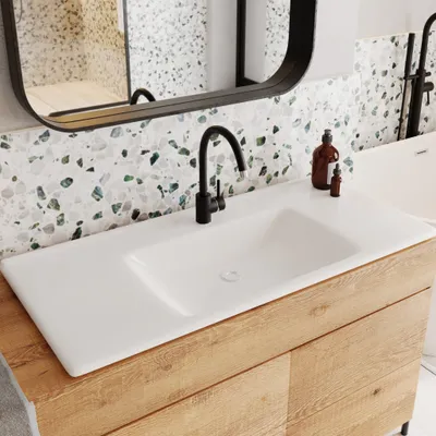 Produktbild von KAREN banyo Keramik Waschbecken Star 100 | Einbauwaschtisch mit Hahnloch & Überlauf | eckige Form | 100 x 27 x 45 cm | Waschbecken Gästewaschbecken Handwaschbecken Badezimmer WC