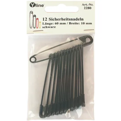 Produktbild von 12 Stück Maxi Sicherheitsnadeln 60 mm, groß, schwarz lackiert, Nadel Nadeln, 2280