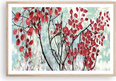 Produktbild von Gerahmtes Poster - Rahmen in heller Eiche - Rot Blätter Zweige - 91,5x61 cm - Wand Bild - Wanddeko - Wandbilder - Kunstposter - Wandposter - Bilderrahmen - Bilder - Kunstdruck - P2NAA91x61-4508