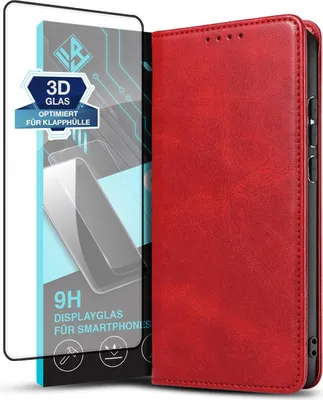 Produktbild von Handyhülle für Samsung Galaxy S24 Ultra mit 9H Displayglas Kunstleder Flip Cover Hülle Handytasche Case Kartenfach Farbe: Rot