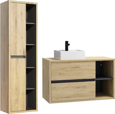 Zdjęcie produktu dla Wisząca szafka pod umywalkę z kwadratową umywalką i szafką - Naturalne kolory - 100 cm - PURNAL