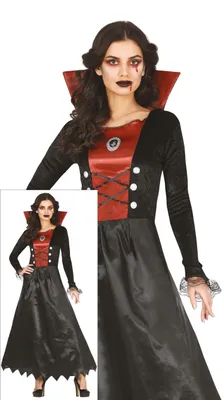 Productafbeelding van Vampier Halloween jurk, rood en zwart, lange, griezelige avondjurk, carnaval kostuum, gotisch, maat: 36 - 38 (S), kleur: zwart