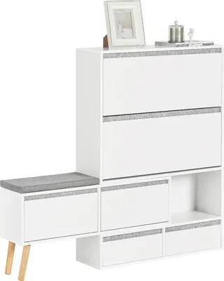 Zdjęcie produktu dla Szafka na buty FSR134-W, z ławką, 2 klapami, 2 drzwiami i 2 szufladami, biała