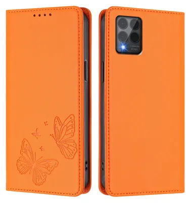 Produktbild von Lederhülle für T-Mobile REVVL 6 Pro, Schmetterling Prägung Leder Brieftasche Schutzhülle mit Ständer Orange
