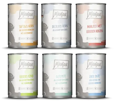 Produktbild von MjAMjAM leckere Mahlzeiten Mixpaket III für deine Katze, Adult, jede Rasse, Rind, Heidelbeere, Karotte, Huhn, Ente, Herz, Kürbis, Kaninchen, Türkei, 400 g, Getreidefrei