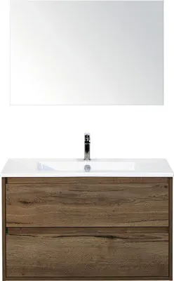 Produktbild von Sanox Badmöbel-Set Porto BxHxT 91 x 170 x 51 cm Frontfarbe tabacco mit Waschtisch Keramik weiß, Spiegel und Waschtischun