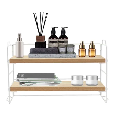 Produktbild von Schreibtisch-Organizer 2-stufigen Aufbewahrungsorganisator 37*16,5*24cm Aufbewahrungsregal (Weiß&Holz Farbe)