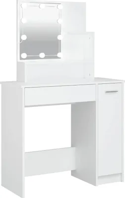 A white vanity table with a lighted mirror and storage cabinet.