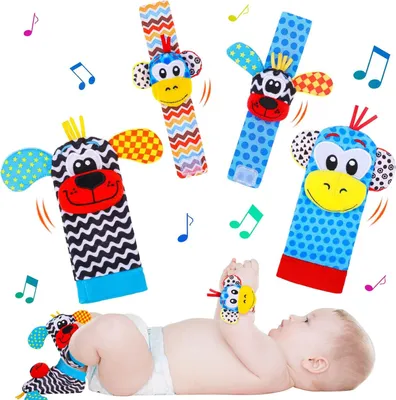 Produktbild von Baby-Handgelenk-/Fußrasseln (0–6 Monate), Tiermotive, Glöckchenband, Fußfinder, Geschenkidee für Neugeborene
