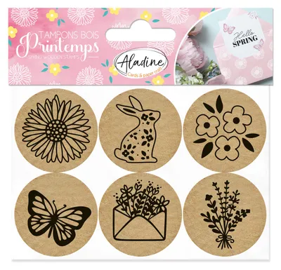 Produktbild von Aladine - 6 runde Holzstempel "Frühling" – Kreative Freizeit – Frohes Jahr, Frohe Weihnachten – 01911