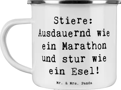 Produktbild von Mr. & Mrs. Panda Haferl Spruch Starker Stier - Weiß - Geschenk, Emaille Tasse, Kaffeepott, Tierkreiszeichen, Sternzeichen, Ausdauernd wie ein Marathon, Teetasse, Becher