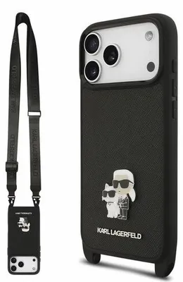 Productafbeelding van Karl Lagerfeld achterkant, saffiano, crossbodyband, metalen Karl en Choupette, iPhone 17 Pro/18 Pro, zwart