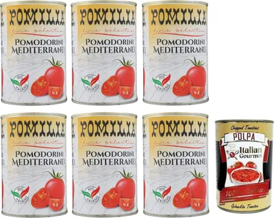 Produktbild von 6x Pomilia Pomodorini Ciliegini Mediterranei,Mediterrane Kirschtomaten,100% italienische Tomaten,400g Dose + Italian Gourmet Polpa di Pomodoro 400g Dose