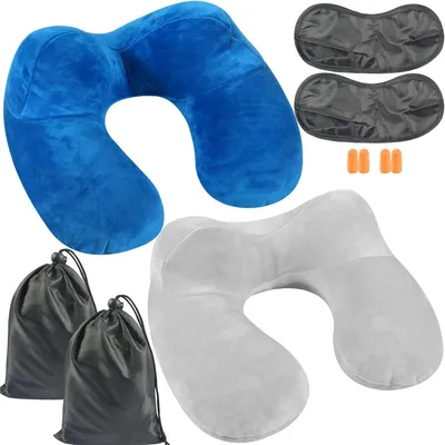Produktbild von Aufblasbares Reisekissen Set, Ergonomisch, 2 Stück, Inklusive Augenmaske und Ohrstöpsel, Für Flugzeug