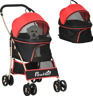 Zdjęcie produktu dla Wózek dla psa PawHut, wózek dla psa 2 w 1, torba transportowa, składany wózek dla psa z poduszką, wózek dla kota dla małych psów, kotów, wózek dla kota z 4 kołami, okienko z siatki, tkanina Oxford, kolor czerwony