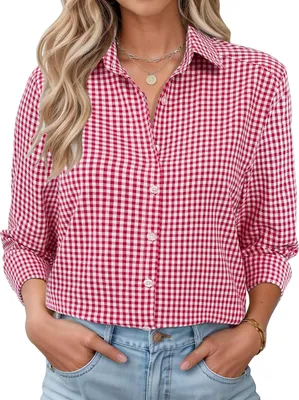 Productafbeelding van Damesblouse met lange mouwen, knopen en reverskraag in geruit of gestreept ontwerp
