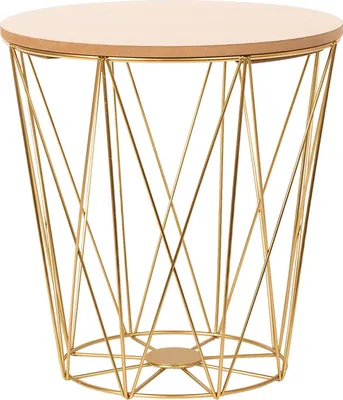 A gold wire side table with a wooden top.
